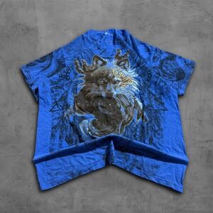 Vintage Vneck Graphic T Shirt Wolf Native American Grunge Y2k Design Size Large